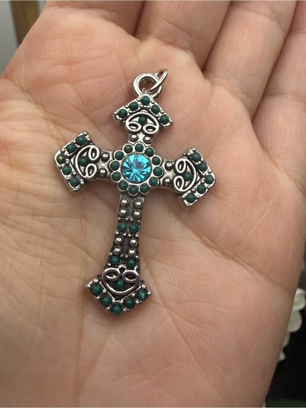 Silver tone Cross Pendant Necklace with Teal Center Stone and Emerald Accents